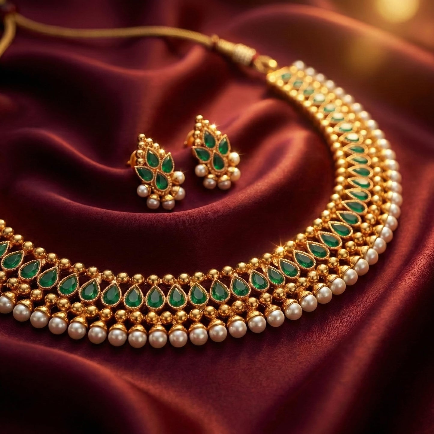 Gold Plated Necklace Set Studded With Green Stones And Embelished With Pearls