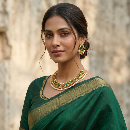 Gold Plated Necklace Set Studded With Green Stones And Embelished With Pearls