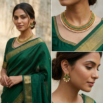 Gold Plated Necklace Set Studded With Green Stones And Embelished With Pearls