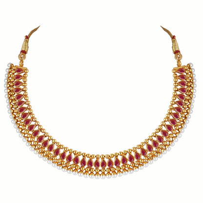Gold Plated Necklace Set Studded With Ruby Red Stones And Embelished With Pearls.