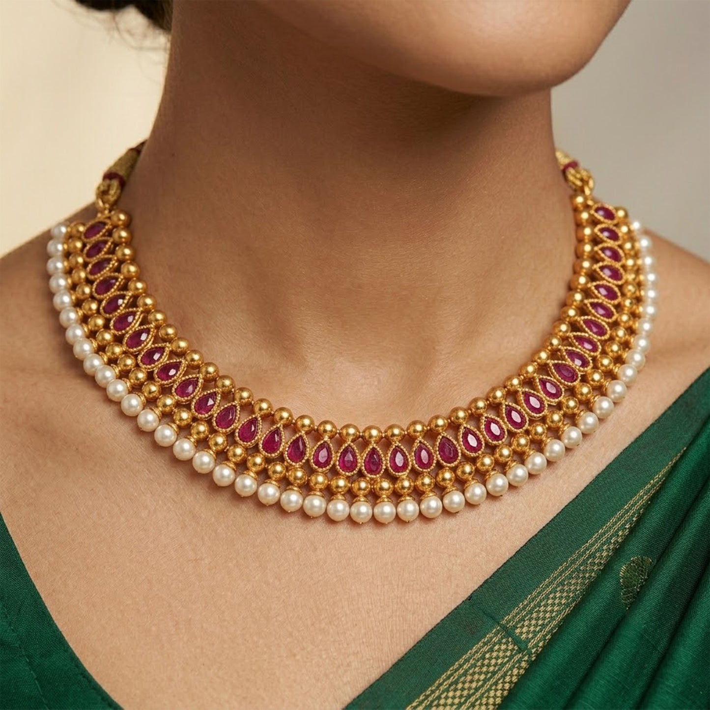 Gold Plated Necklace Set Studded With Ruby Red Stones And Embelished With Pearls.