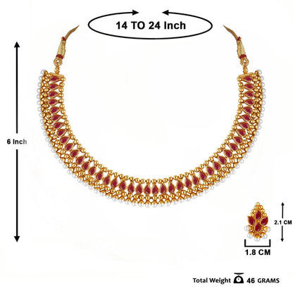 Gold Plated Necklace Set Studded With Ruby Red Stones And Embelished With Pearls.