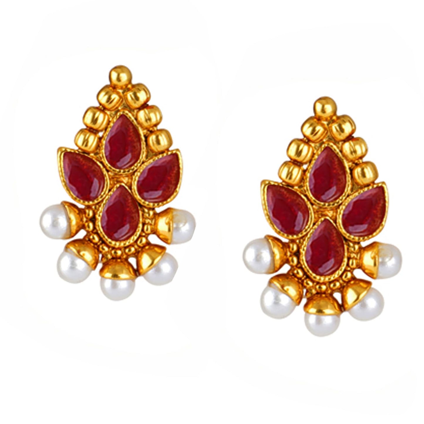 Gold Plated Necklace Set Studded With Ruby Red Stones And Embelished With Pearls.