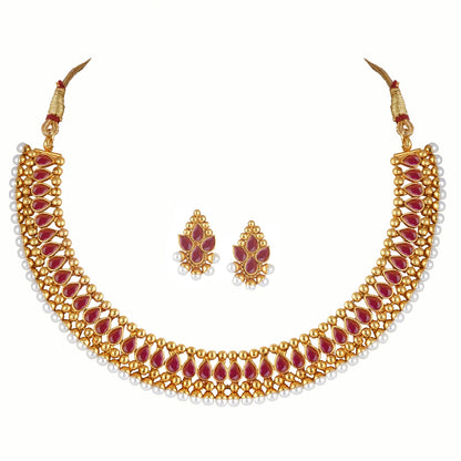 Gold Plated Necklace Set Studded With Ruby Red Stones And Embelished With Pearls.