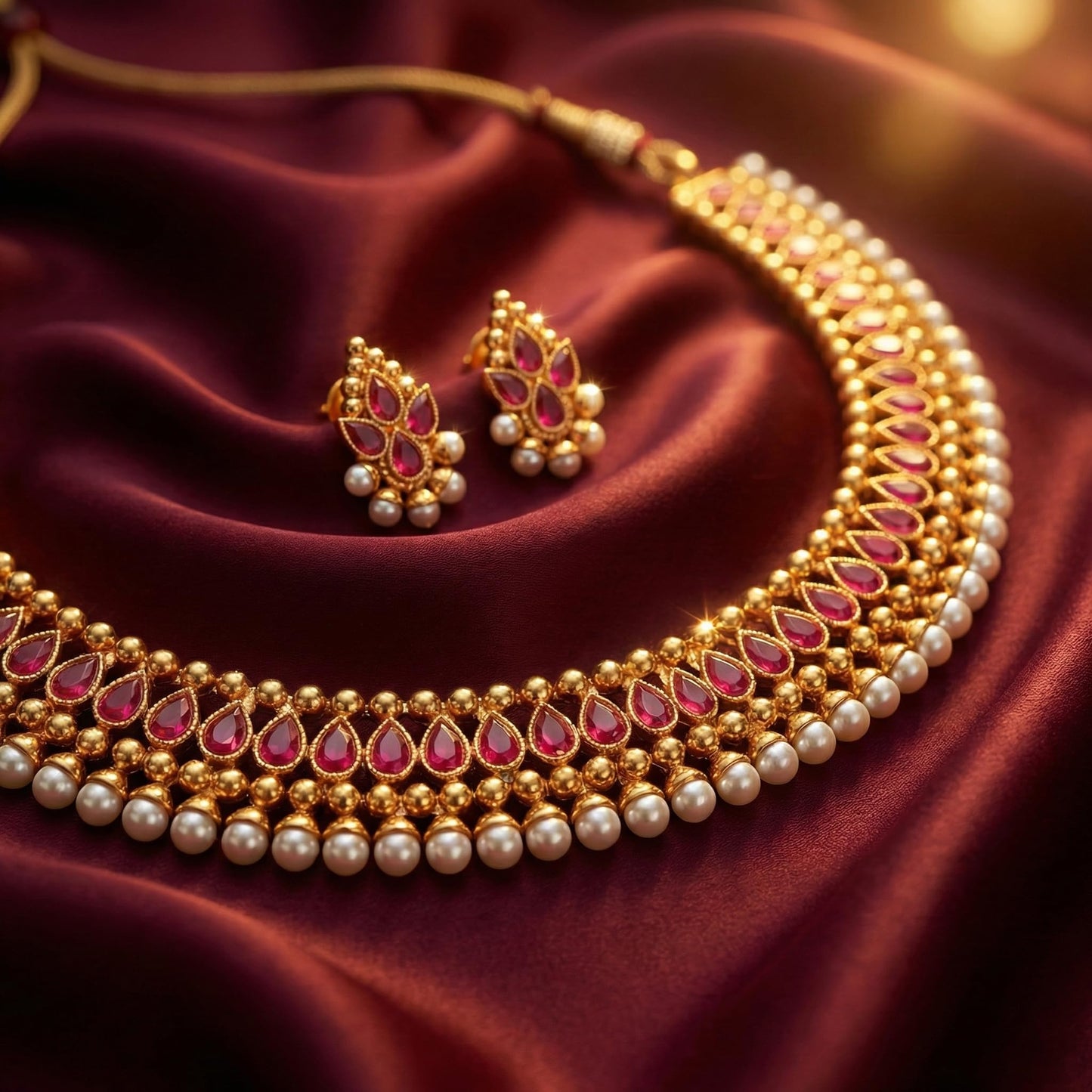 Gold Plated Necklace Set Studded With Ruby Red Stones And Embelished With Pearls.