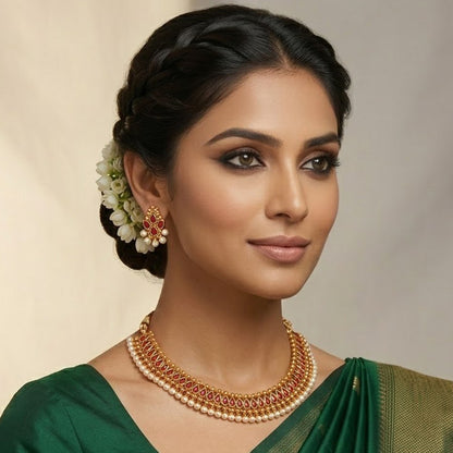 Gold Plated Necklace Set Studded With Ruby Red Stones And Embelished With Pearls.