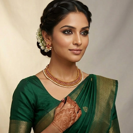 Gold Plated Necklace Set Studded With Ruby Red Stones And Embelished With Pearls.