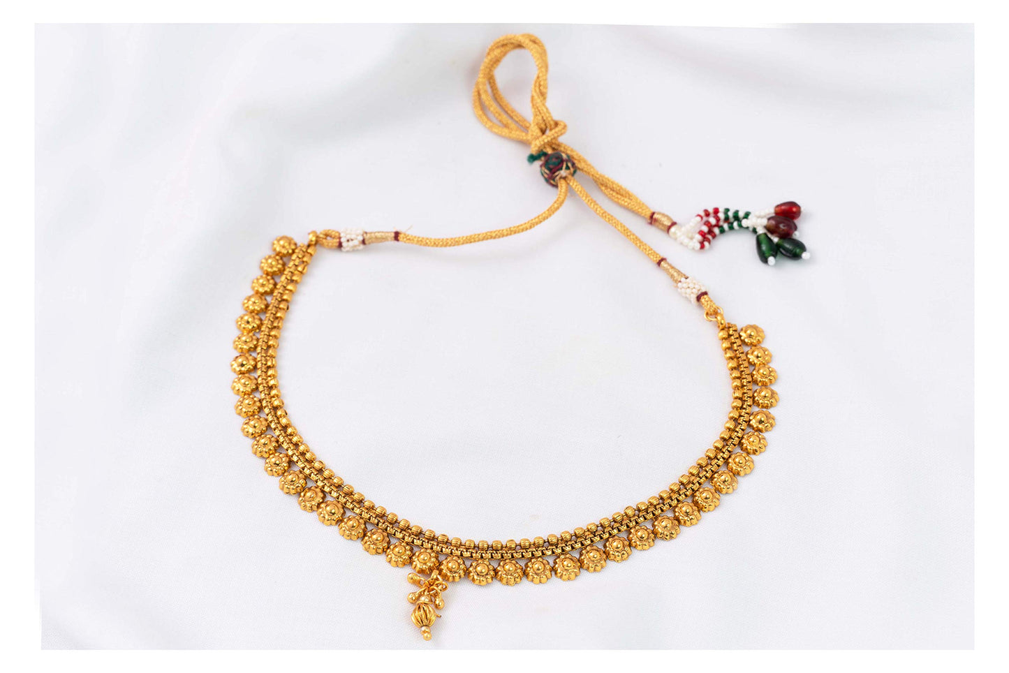 Gold Plated Floral Necklace Set With Adjustable Thread .