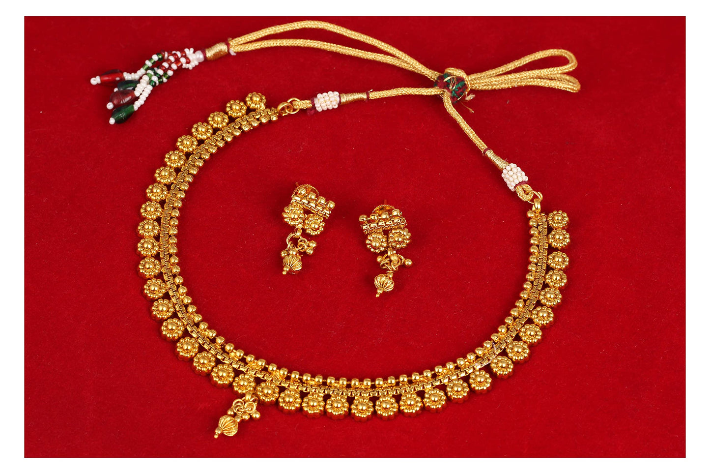 Gold Plated Floral Necklace Set With Adjustable Thread .