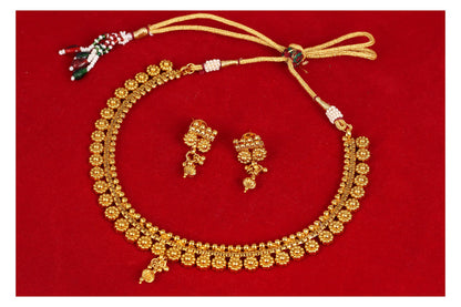 Gold Plated Floral Necklace Set With Adjustable Thread .