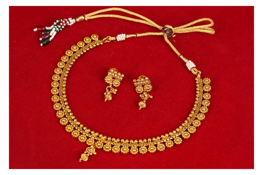 Gold Plated Floral Necklace Set With Adjustable Thread .