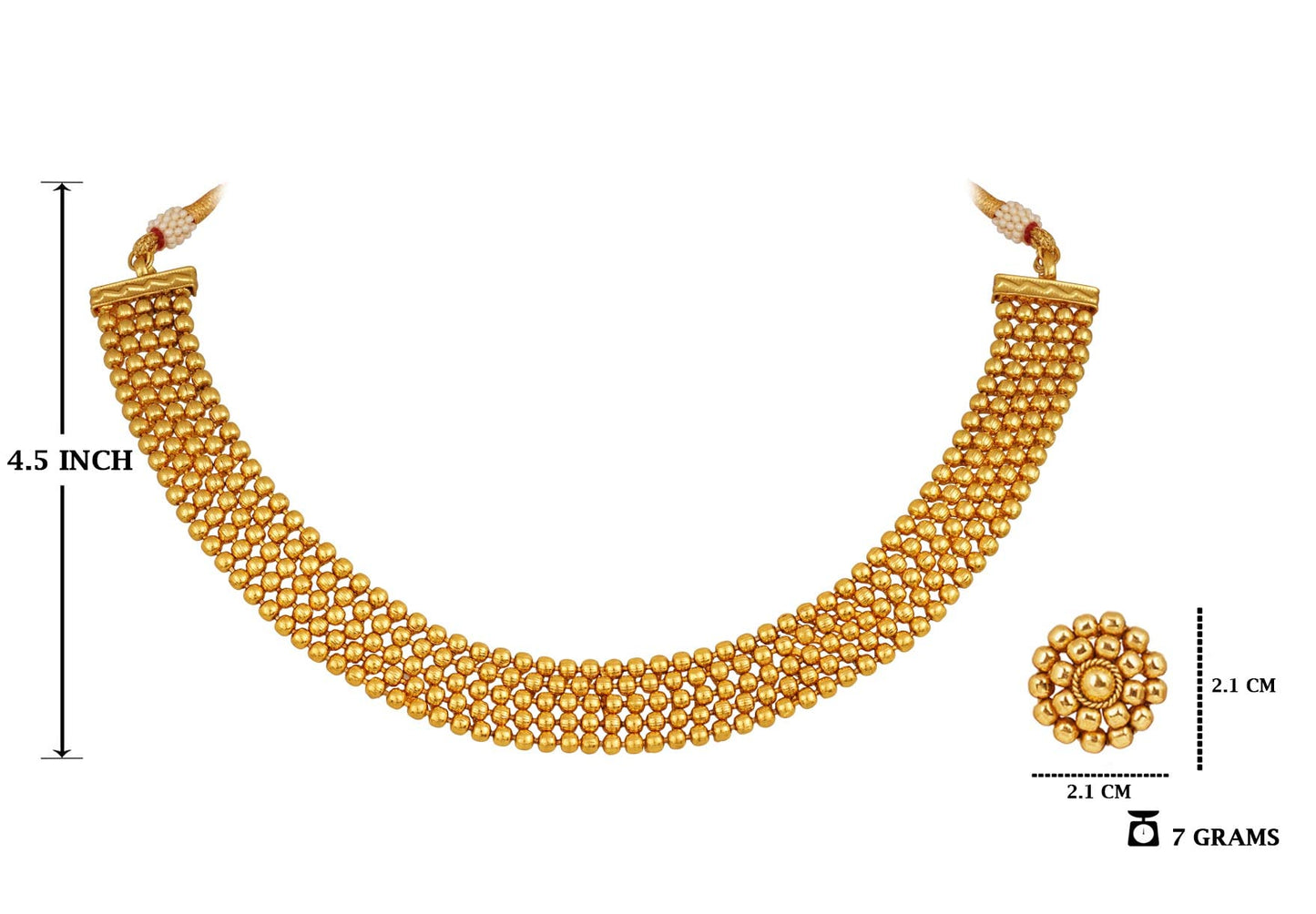 Gold Plated Maharashtrian Style Choker Necklace Set With Adjusatble Thread .