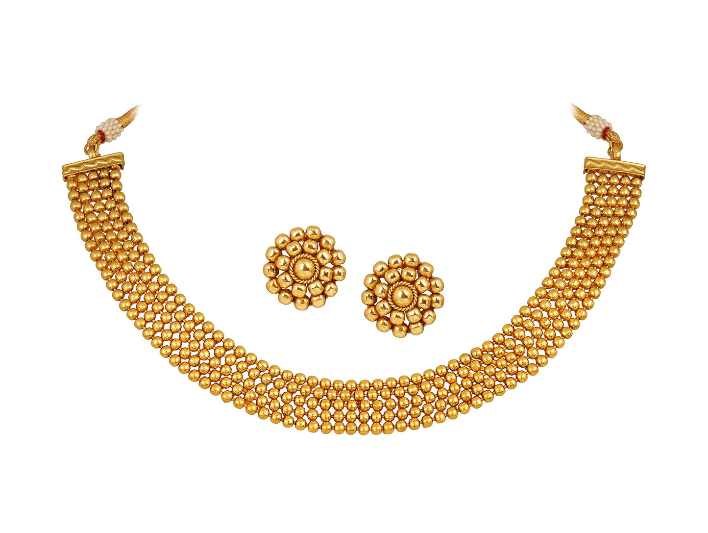 Gold Plated Maharashtrian Style Choker Necklace Set With Adjusatble Thread .