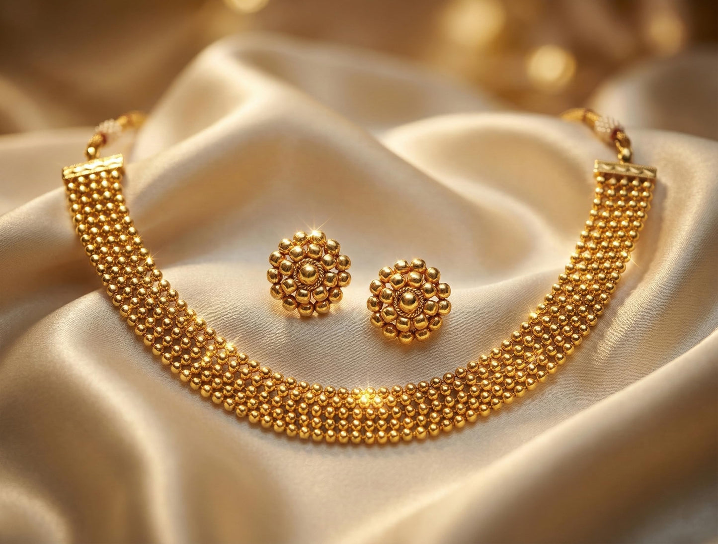 Gold Plated Maharashtrian Style Choker Necklace Set With Adjusatble Thread .