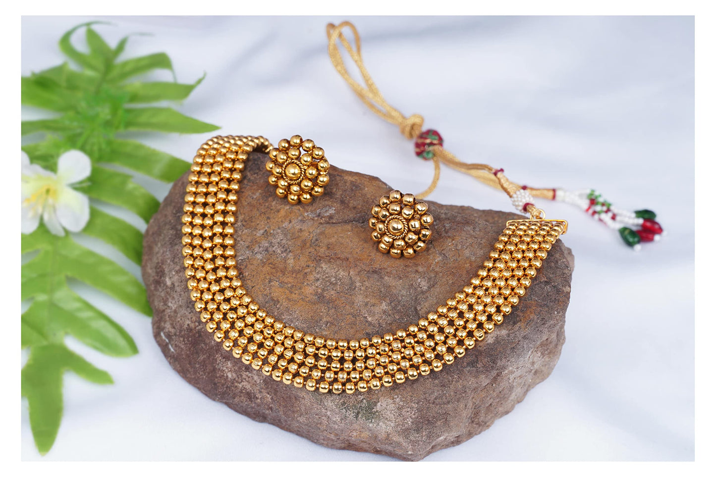 Gold Plated Maharashtrian Style Choker Necklace Set With Adjusatble Thread .
