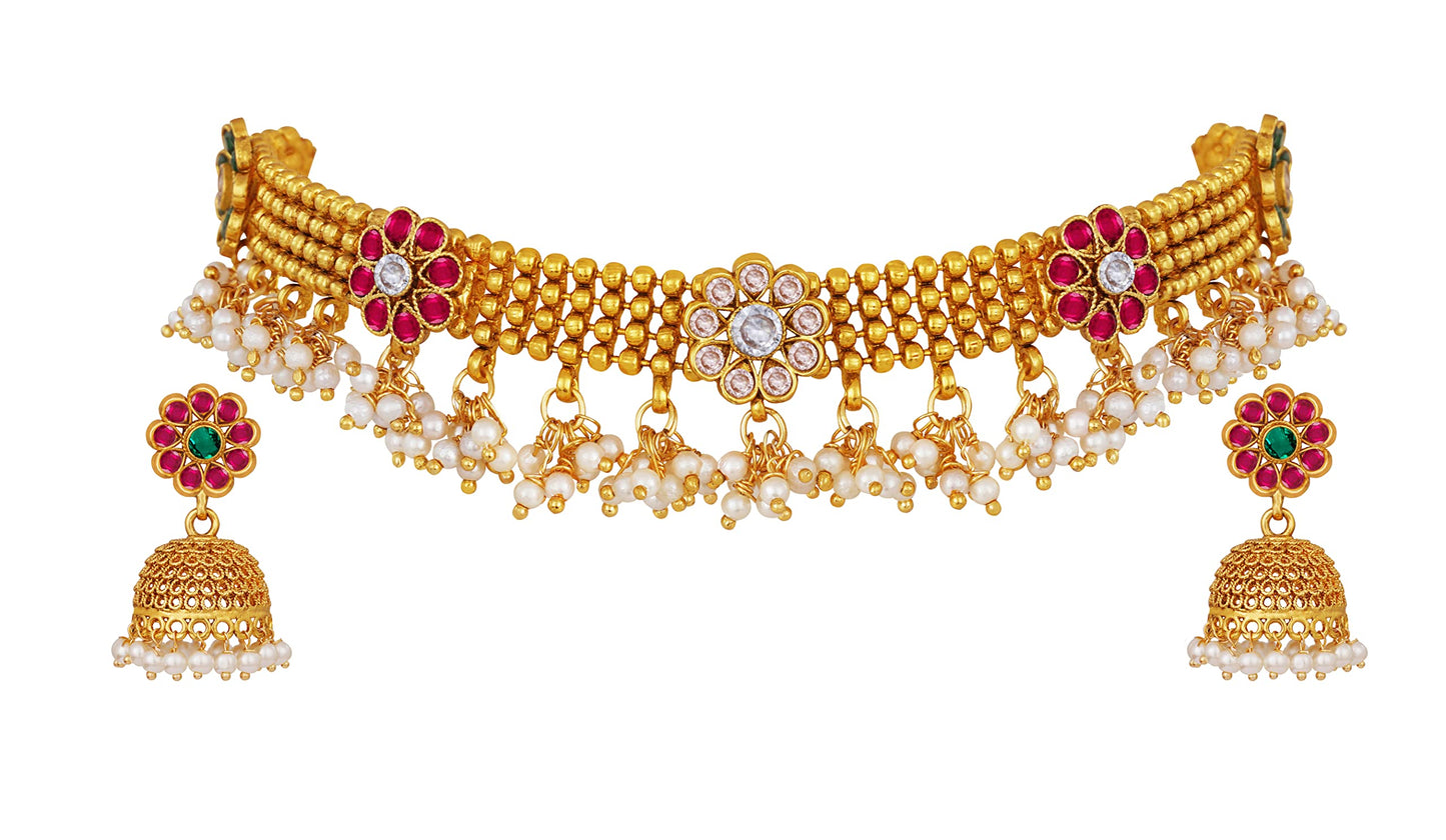 Royal Traditional Choker Necklace Set – Pink, Green & LCD Stone Studded Jewelry