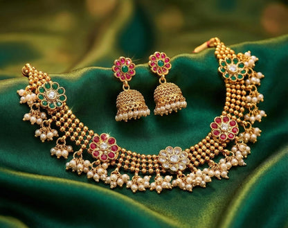 Royal Traditional Choker Necklace Set – Pink, Green & LCD Stone Studded Jewelry