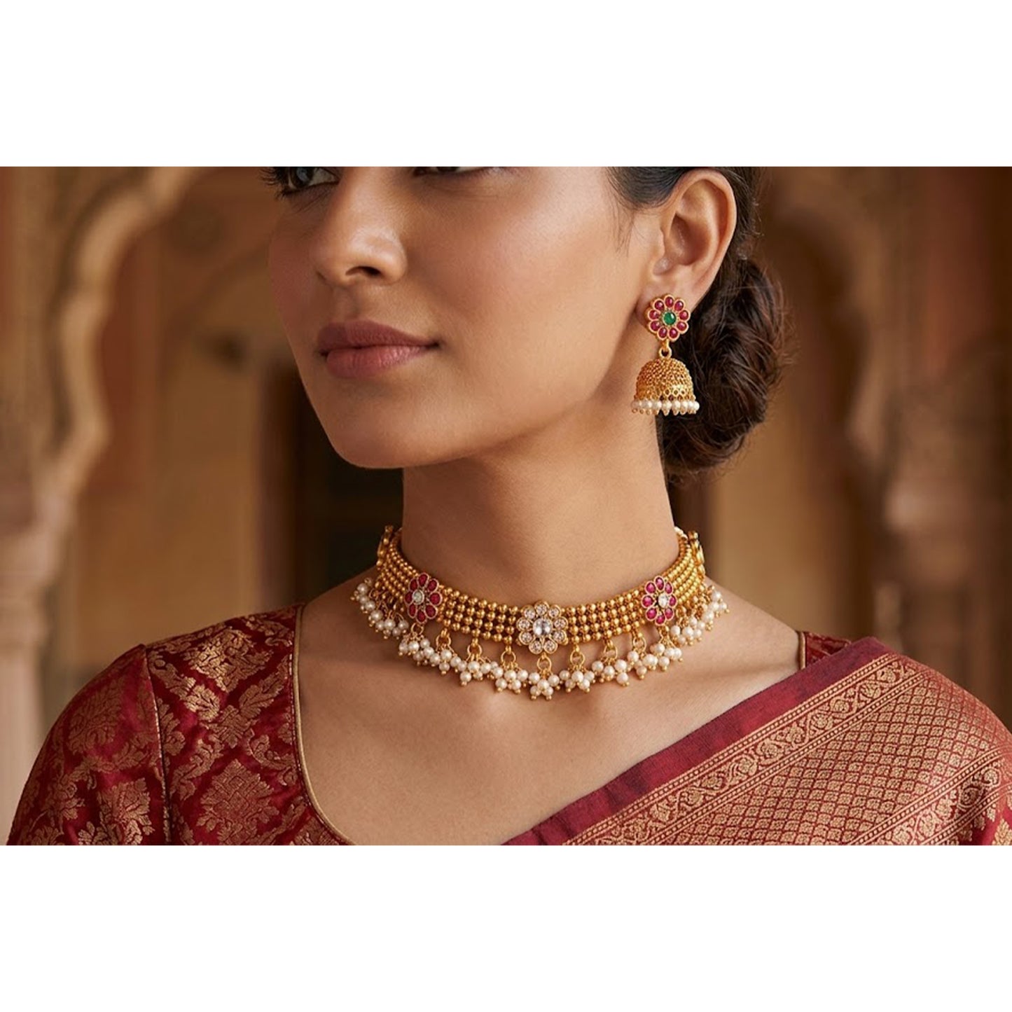 Royal Traditional Choker Necklace Set – Pink, Green & LCD Stone Studded Jewelry