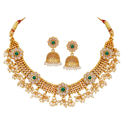 Gold Plated Floral Choker Necklace Set – Emerald Green Stone & Pearl Embellishments