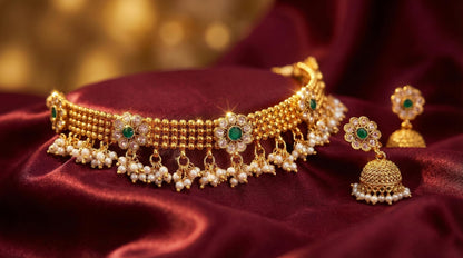 Gold Plated Floral Choker Necklace Set – Emerald Green Stone & Pearl Embellishments