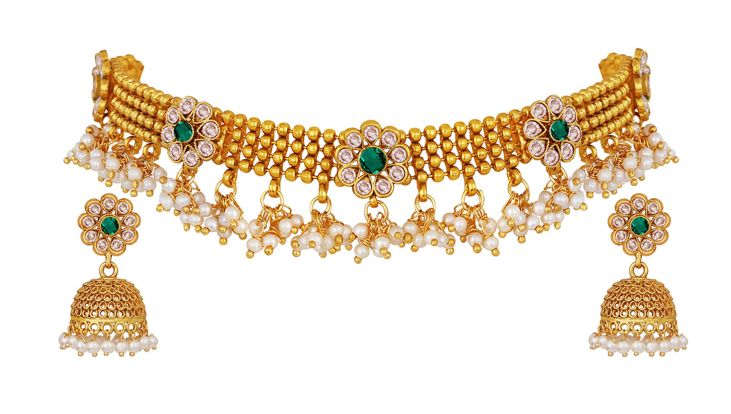 Gold Plated Floral Choker Necklace Set – Emerald Green Stone & Pearl Embellishments