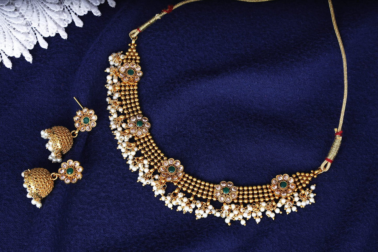 Gold Plated Floral Choker Necklace Set – Emerald Green Stone & Pearl Embellishments