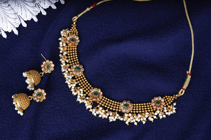 Gold Plated Floral Choker Necklace Set – Emerald Green Stone & Pearl Embellishments