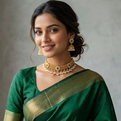 Gold Plated Floral Choker Necklace Set – Emerald Green Stone & Pearl Embellishments