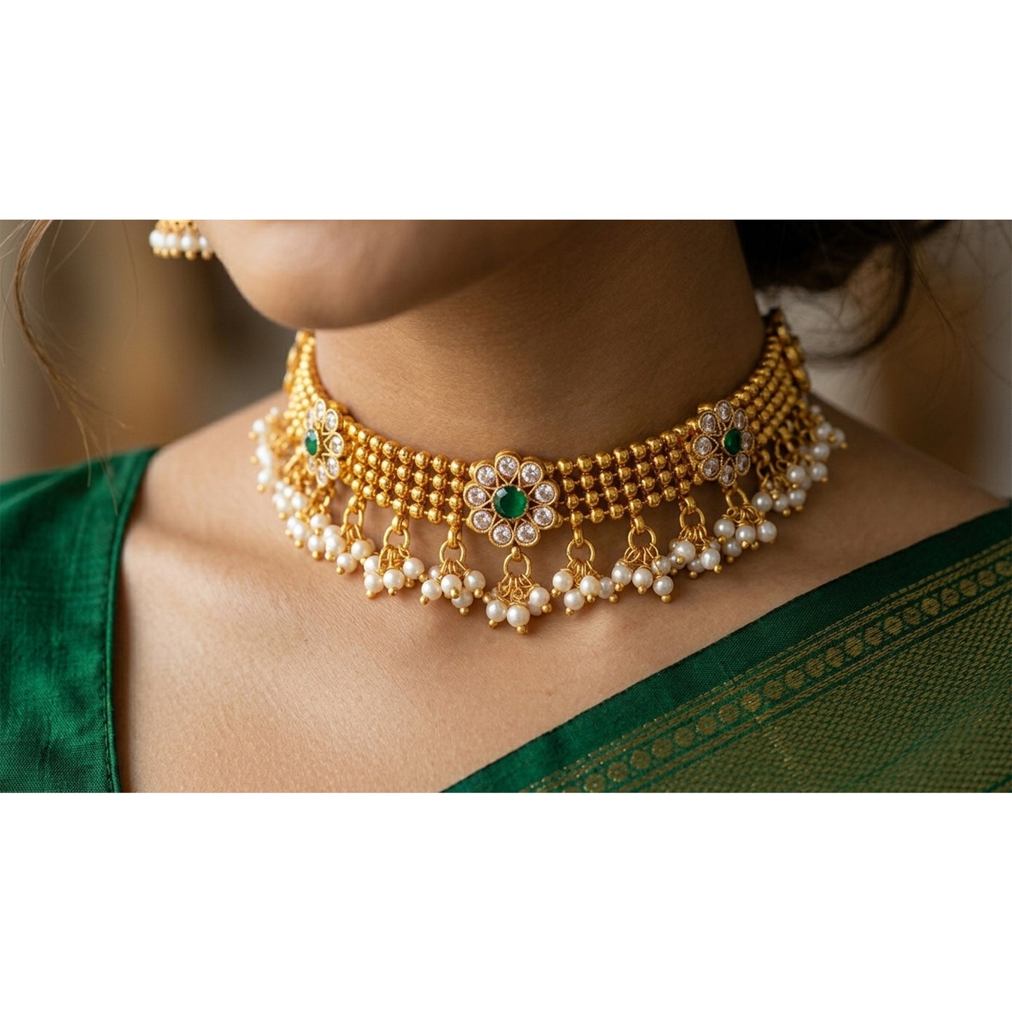 Gold Plated Floral Choker Necklace Set – Emerald Green Stone & Pearl Embellishments