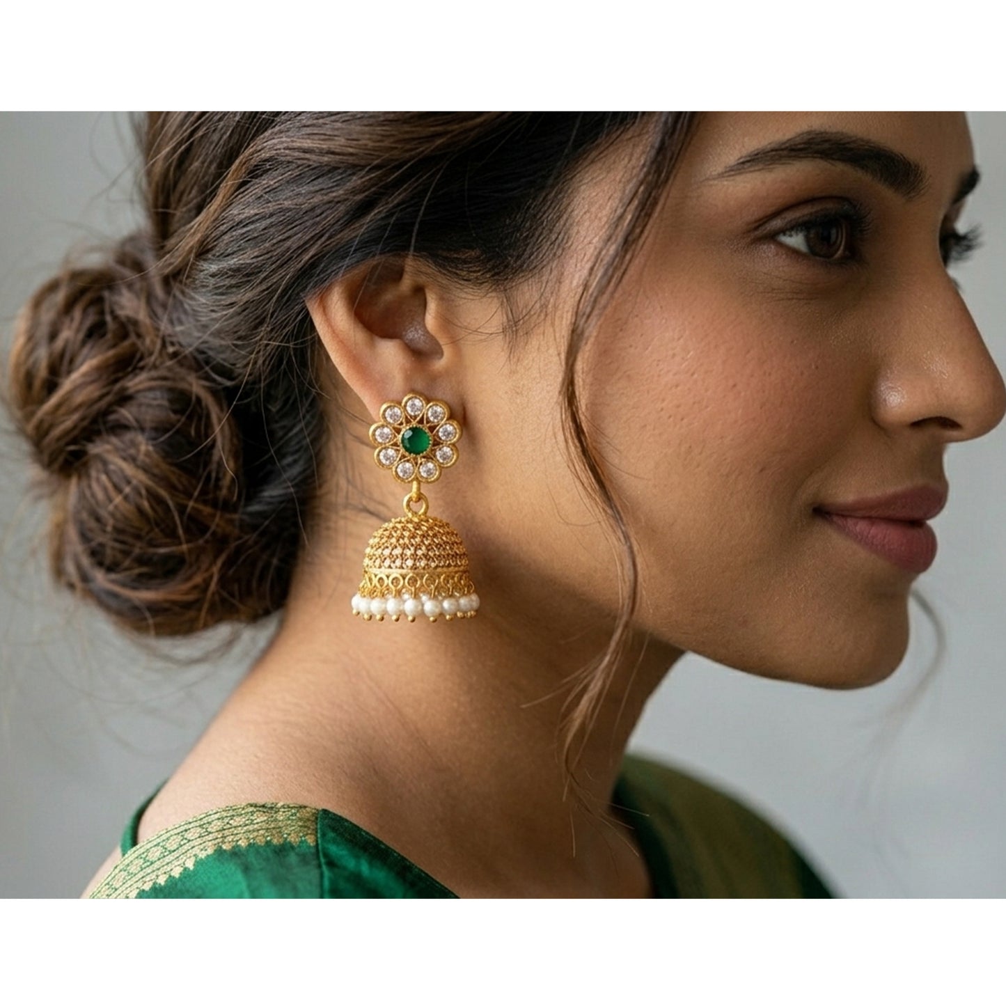 Gold Plated Floral Choker Necklace Set – Emerald Green Stone & Pearl Embellishments