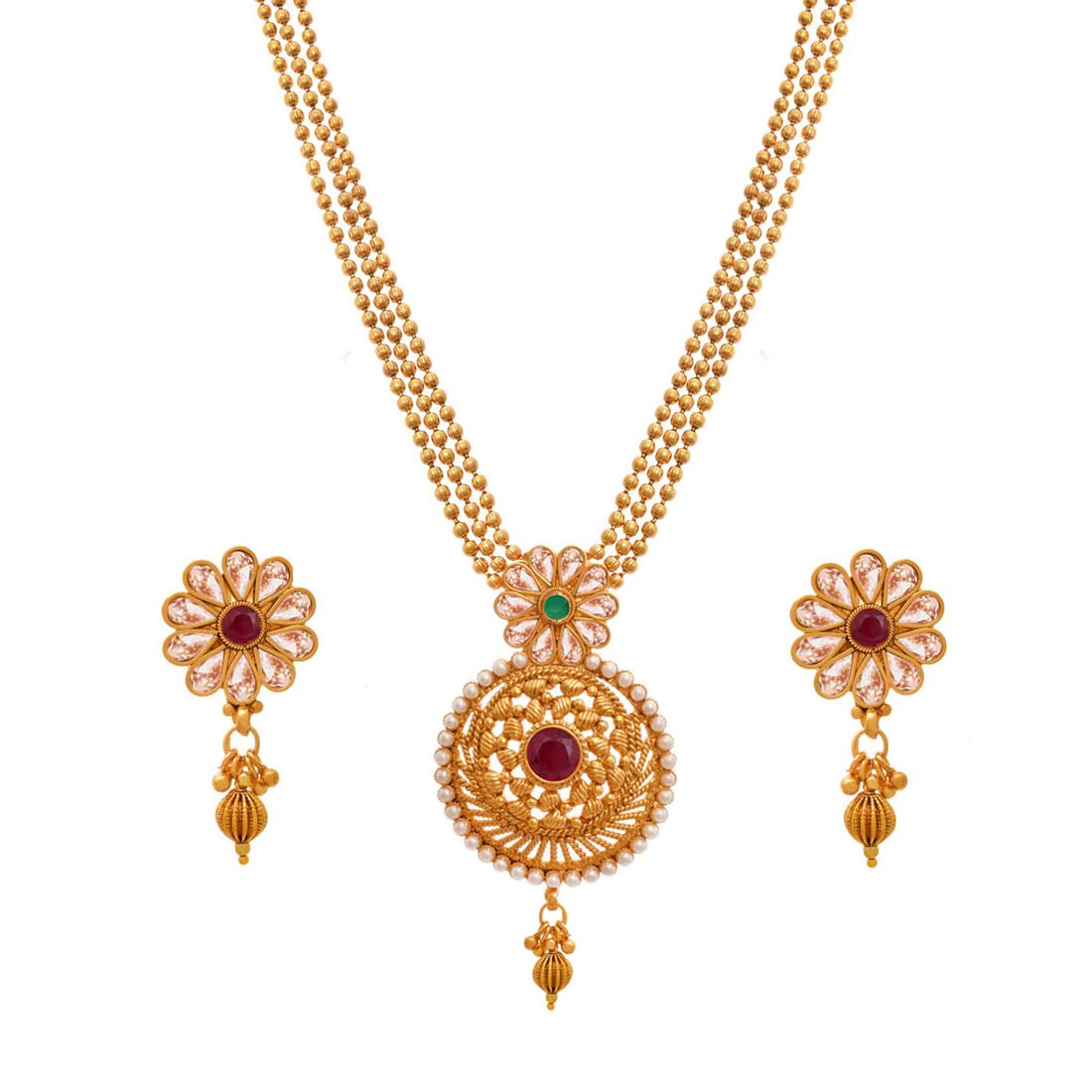 One Gram Gold Plated Long Three Layer Bead Chain Pearl & Maroon Stone Studded Necklace Set .