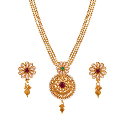 One Gram Gold Plated Long Three Layer Bead Chain Pearl & Maroon Stone Studded Necklace Set .