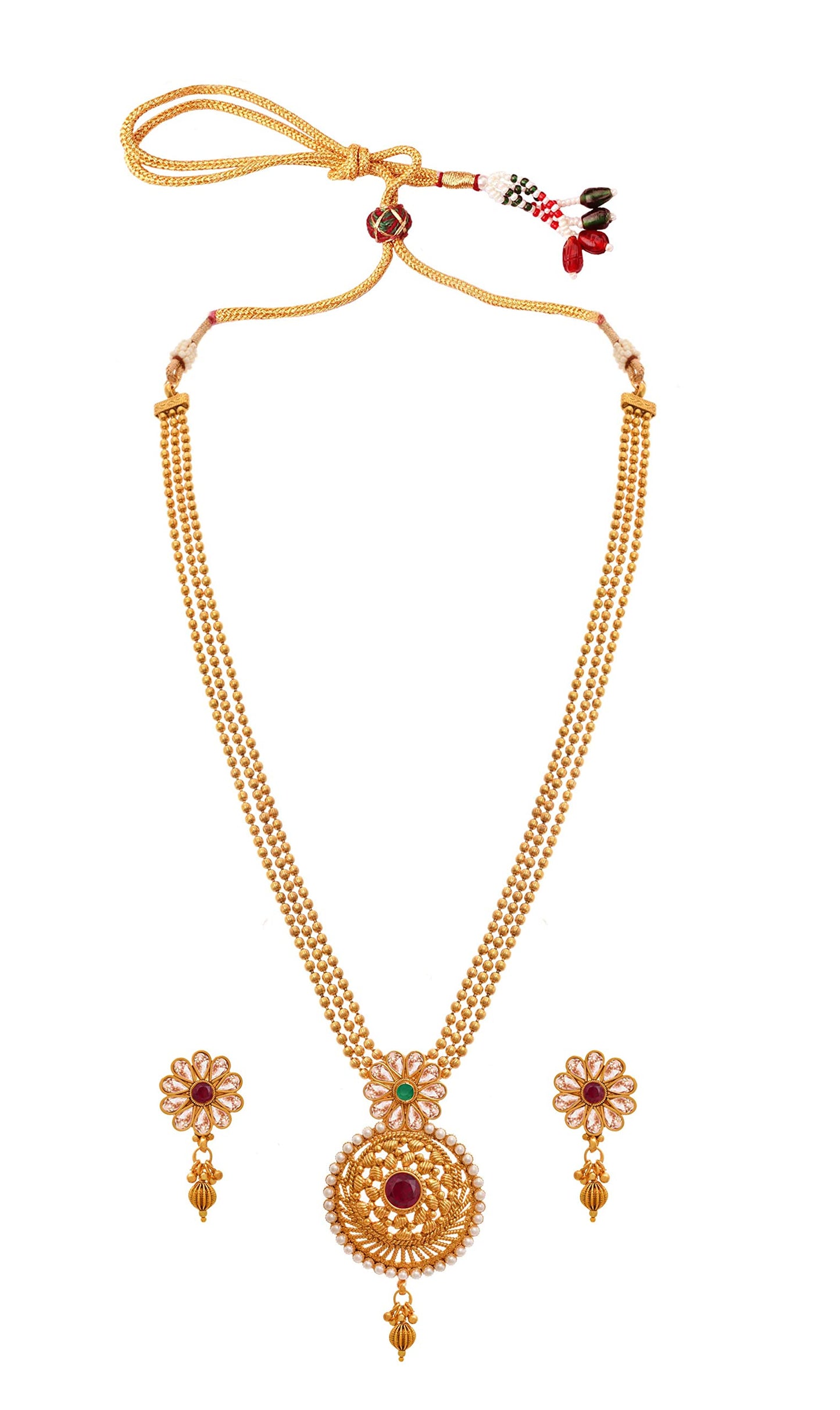 One Gram Gold Plated Long Three Layer Bead Chain Pearl & Maroon Stone Studded Necklace Set .