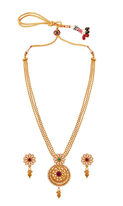 One Gram Gold Plated Long Three Layer Bead Chain Pearl & Maroon Stone Studded Necklace Set .