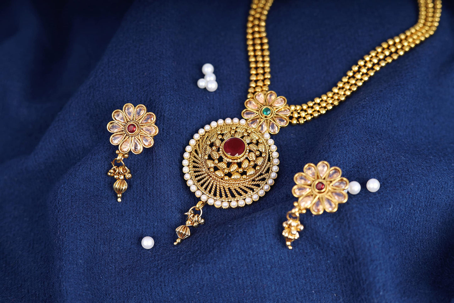 One Gram Gold Plated Long Three Layer Bead Chain Pearl & Maroon Stone Studded Necklace Set .
