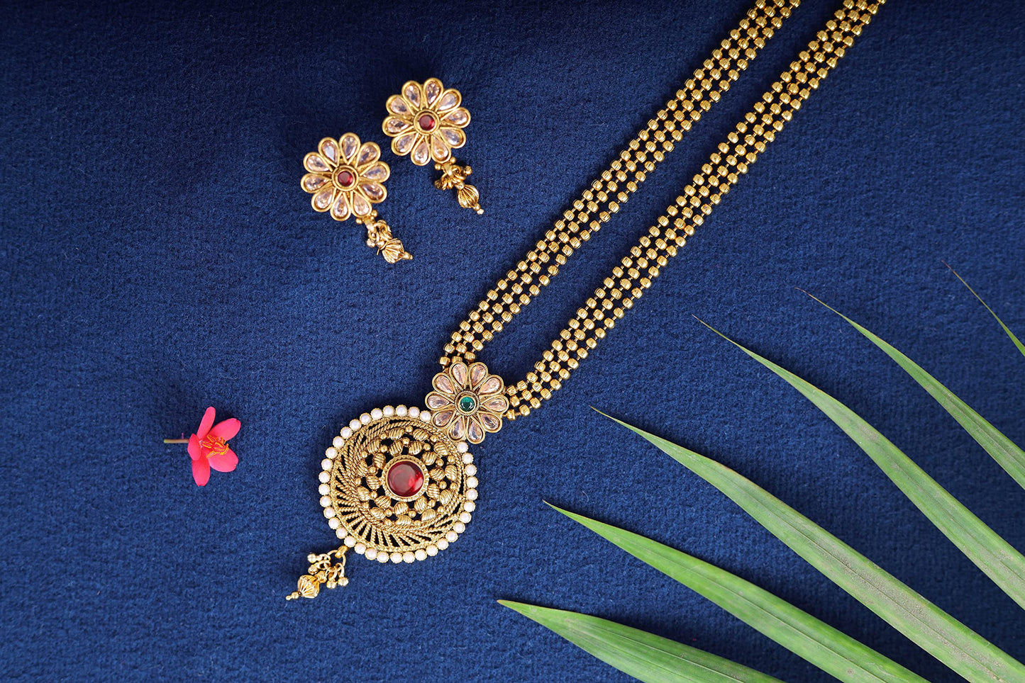 One Gram Gold Plated Long Three Layer Bead Chain Pearl & Maroon Stone Studded Necklace Set .