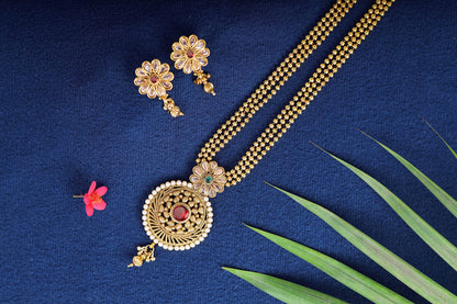 One Gram Gold Plated Long Three Layer Bead Chain Pearl & Maroon Stone Studded Necklace Set .