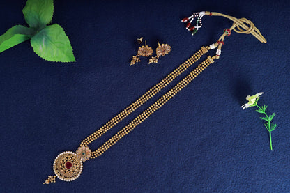 One Gram Gold Plated Long Three Layer Bead Chain Pearl & Maroon Stone Studded Necklace Set .