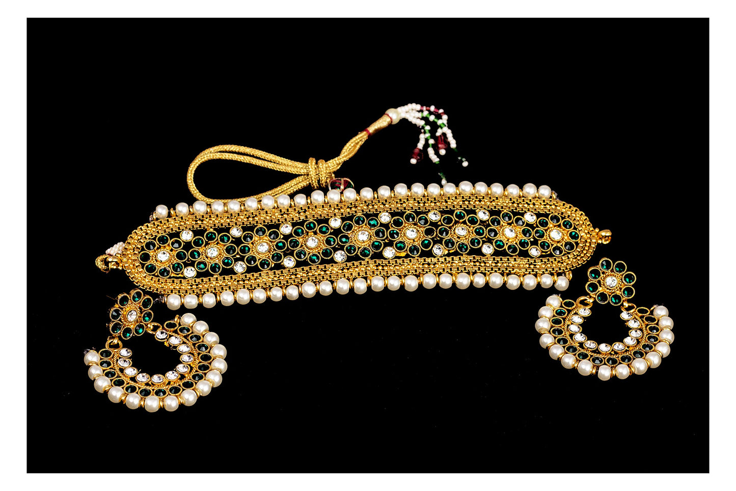 Gold Plated Floral Choker Necklace Set – Emerald Green Stone & Pearl Embellishments
