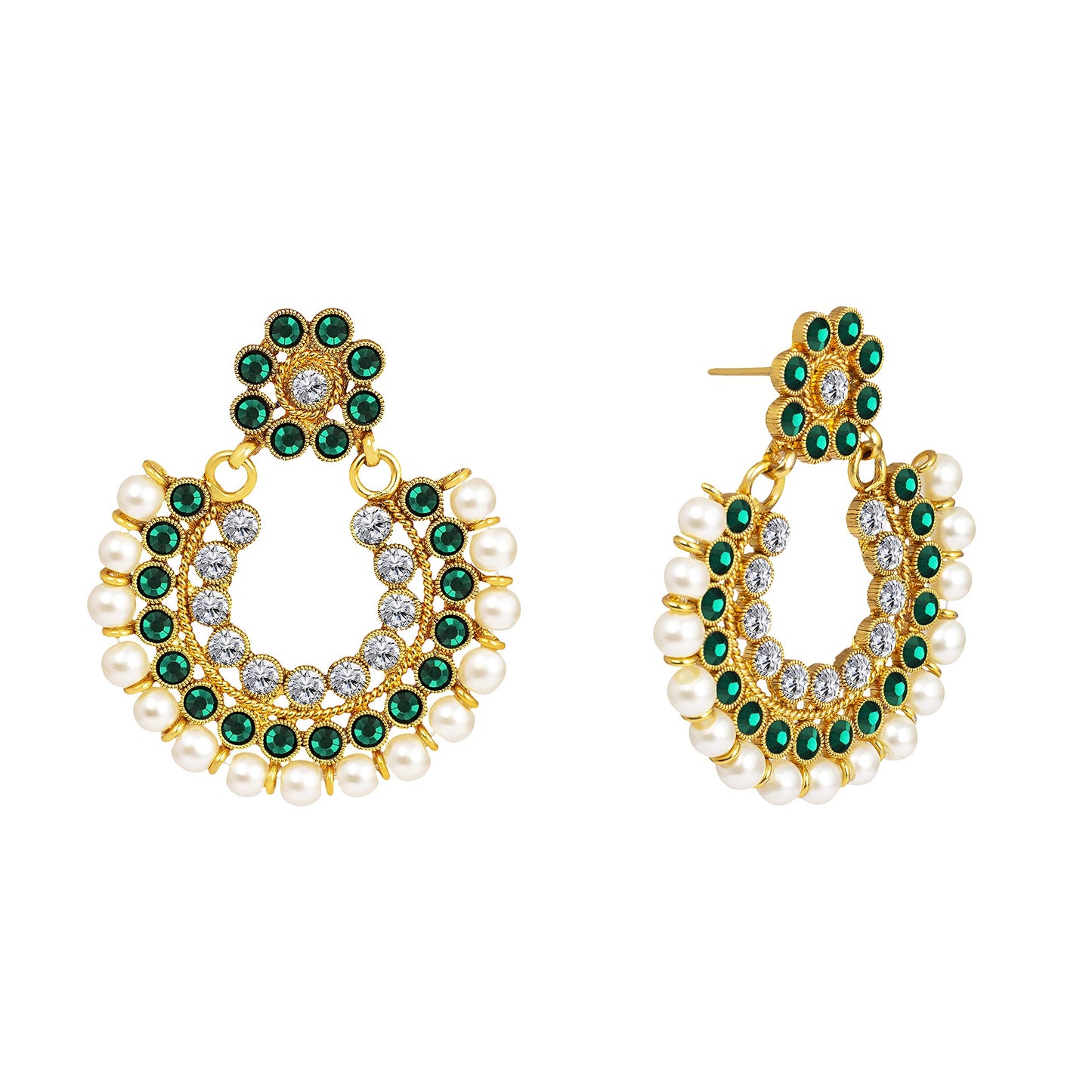 Gold Plated Floral Choker Necklace Set – Emerald Green Stone & Pearl Embellishments