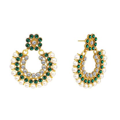 Gold Plated Floral Choker Necklace Set – Emerald Green Stone & Pearl Embellishments