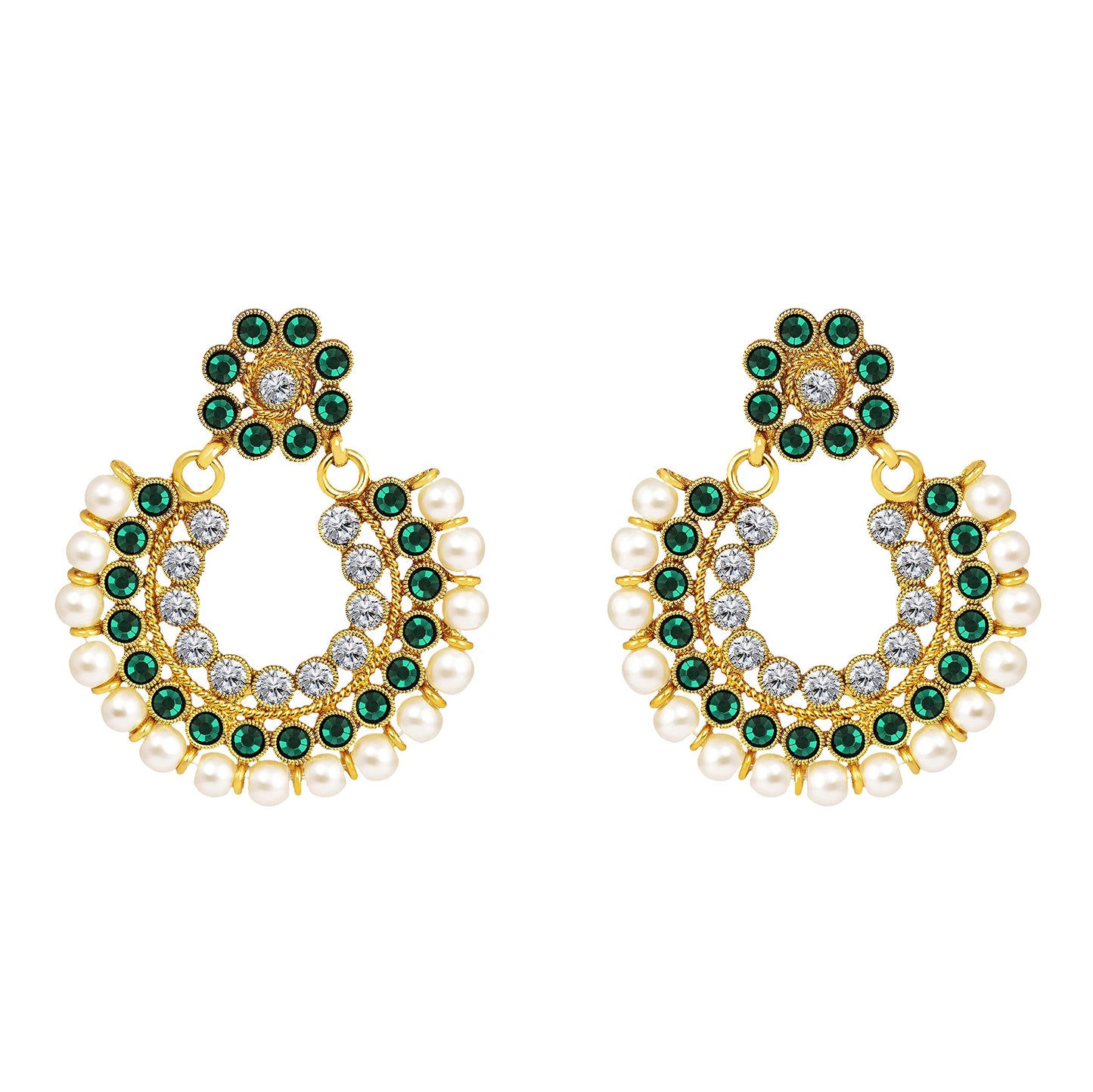 Gold Plated Floral Choker Necklace Set – Emerald Green Stone & Pearl Embellishments