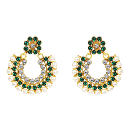 Gold Plated Floral Choker Necklace Set – Emerald Green Stone & Pearl Embellishments