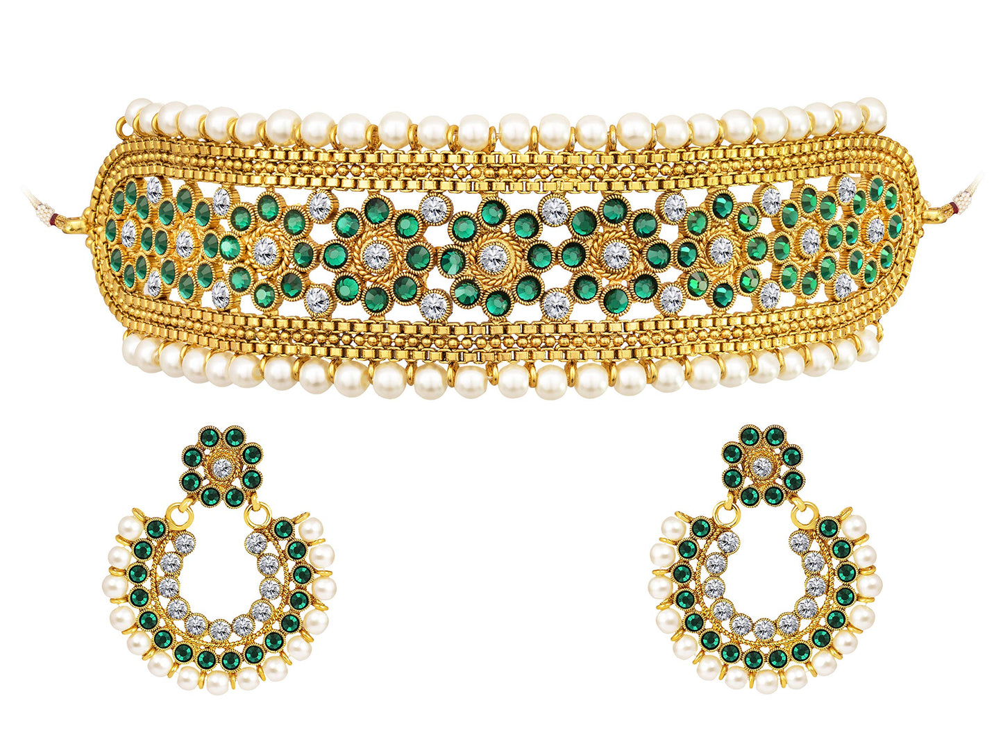 Gold Plated Floral Choker Necklace Set – Emerald Green Stone & Pearl Embellishments