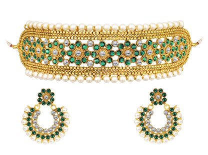 Gold Plated Floral Choker Necklace Set – Emerald Green Stone & Pearl Embellishments