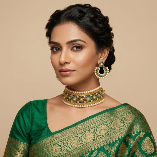 Gold Plated Floral Choker Necklace Set – Emerald Green Stone & Pearl Embellishments