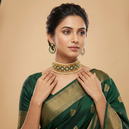Gold Plated Floral Choker Necklace Set – Emerald Green Stone & Pearl Embellishments
