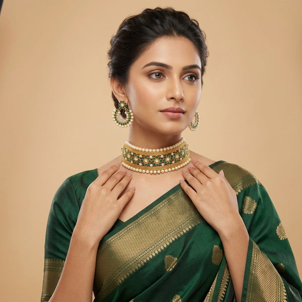 Gold Plated Floral Choker Necklace Set – Emerald Green Stone & Pearl Embellishments