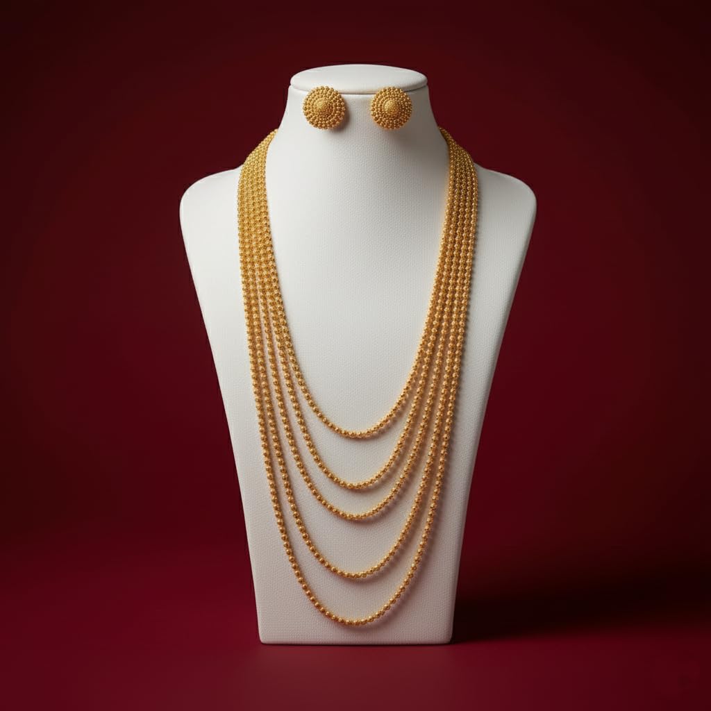 One Gram Gold Plated Multi Layer Beaded Long Necklace Chain (28 Inch)