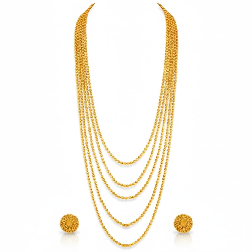 One Gram Gold Plated Multi Layer Beaded Long Necklace Chain (28 Inch)